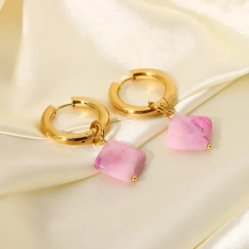 JDET359 Rhombus Pink Natural Stone Pendant Stainless Steel Earrings Double Gold Plated Ladies