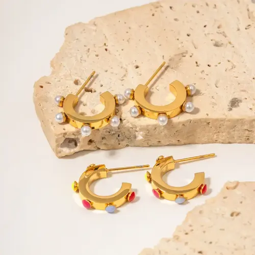 JDET582 18k gold c-shaped white pearl earrings women's earrings