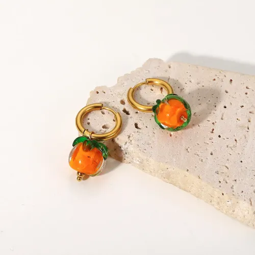 JDET33 Cute Glass Bead Persimmon Pendant 18K Gold Stainless Steel Earrings