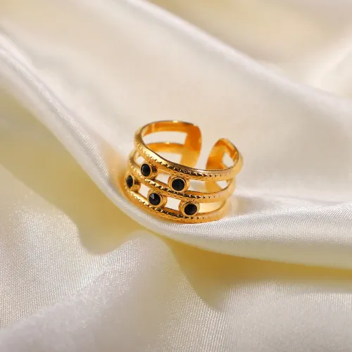 ZTRT174 18K Gold Plated Stainless Steel Three Layer Ring with 5 Black Diamonds for Women