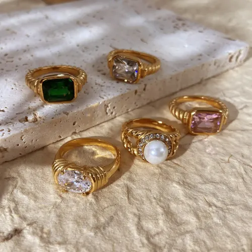 ZTRT3 18K Gold Plated Zircon Pair Rings for Women Stainless Steel Jewelry