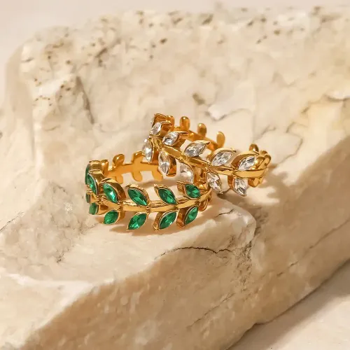ZTRT57 18K Gold Plated Stainless Steel White & Green Zircon Leaf Ring