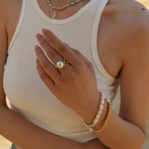ZTRT153 Elegant 18K Gold Stainless Steel Pearl Ring Geometric Design, Individually Packaged for Wholesale