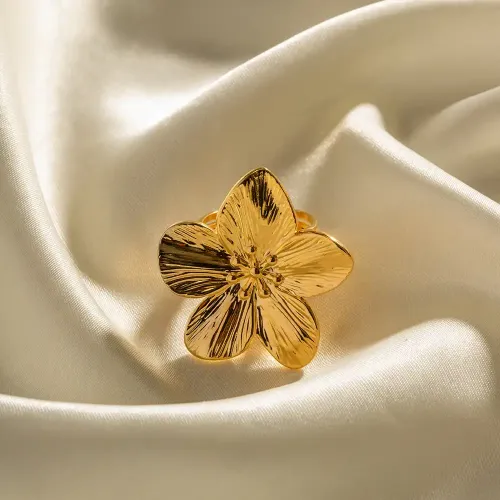 ZTRT124 Matte Gold Finish Floral Stainless Steel Open Ring Adjustable Flower Statement Jewelry