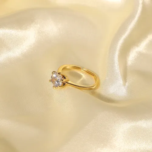 ZTRT245 18K Gold Plated Copper Ring with White Round Zircon Elegant Six Claw Design