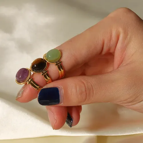 ZTRT24 18K Gold Oval Tiger Eye & Green Amethyst Open Ring for Women Adjustable Semi Precious Stone