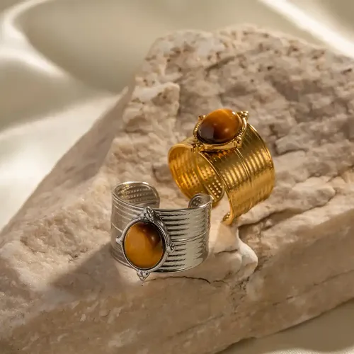 ZTRT192 Women's 18K Gold Tiger Bead Ring Wide Open Natural Stone Stainless Steel Jewelry