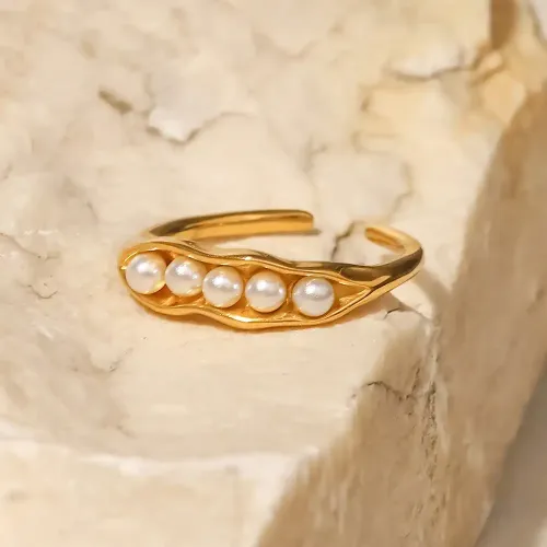 ZTRT130 Adjustable 18K Gold Plated Pea Pod Ring with White Pearl Stainless Steel Ladies' Jewelry Wholesale