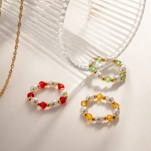 ZTRT277 18K Gold Plated Crystal Pearl Beads Ring Elegant Stainless Steel Women's Jewelry