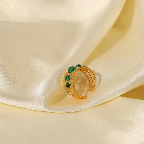 ZTRT357 Waterproof Stainless Steel Malachite Round Hollow Women's Open Ring Jewelry