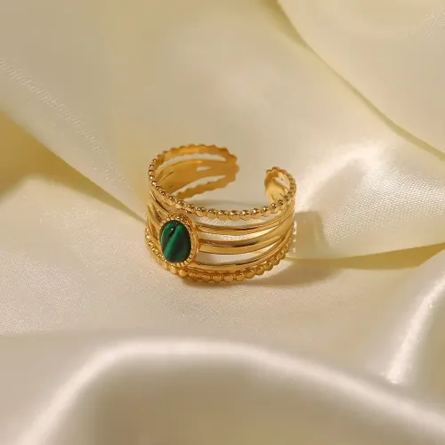 ZTRT315 18K Gold Electroplated Bracelet with Inlaid Malachite, Women's Natural Stone Open Ring