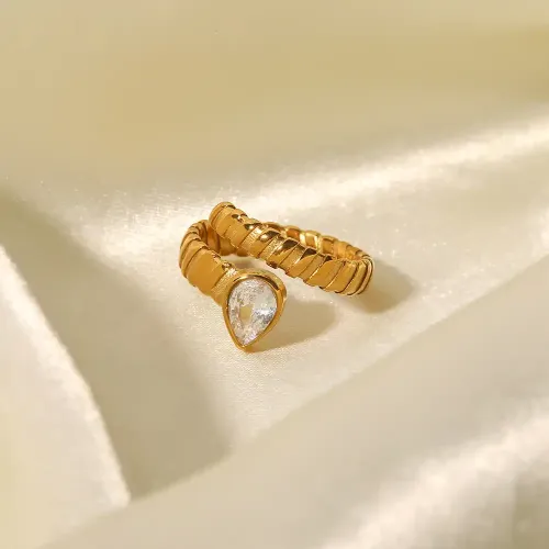 ZTRT78 18K Gold Love Ring with Irregular White & Green Teardrop Zircon, Adjustable Open Band
