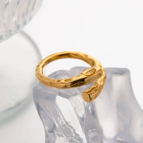 ZTRT50 18K PVD Gold Plated Zircon Hammered Ring Geometric Stainless Steel Open Party Jewelry