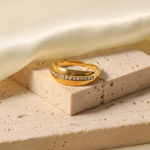 ZTRT292 18K Gold Plated Stainless Steel White Diamond Women's Thick Band Ring