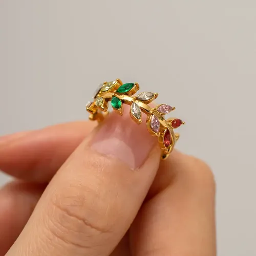 ZTRT389 18K Gold Plated Zircon Leaf Women's Open Ring Elegant Adjustable Jewelry