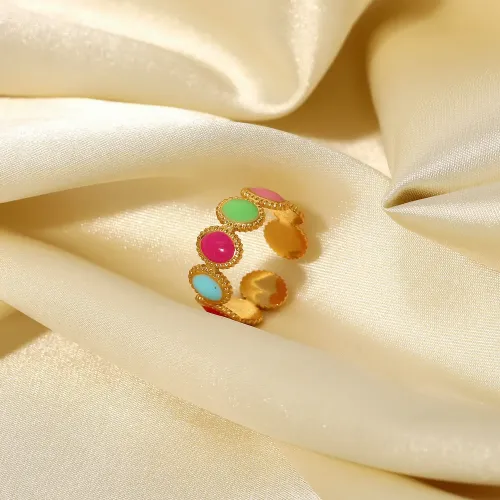 ZTRT358 18K Gold Plated Stainless Steel Enamel Open Ring Waterproof Oval Bean Design for Women