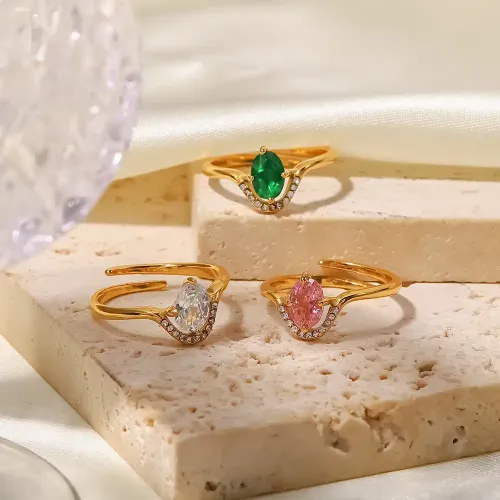 ZTRT349 Women's 18K Open Ring with Pink, White & Green Zircon Stainless Steel Jewelry