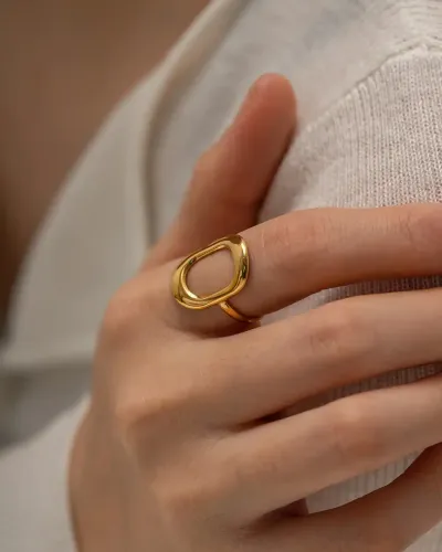ZTRT186 18k Gold Plated Hollow Geometric Rectangle Ring, Stainless Steel Jewelry
