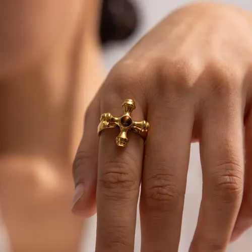 ZTRT61 Women's Gold Plated Stainless Steel Thin Cross Ring with Inlaid Stone