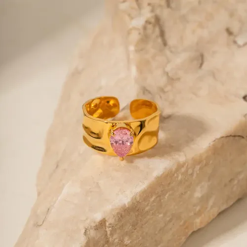 ZTRT319 Wholesale 18K Gold Teardrop Pink Zircon Ring, Hammered Wide Band Fashion Jewelry
