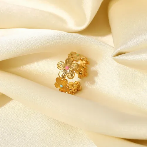 ZTRT165 18K Gold Plated Stainless Steel Enamel Flower Ring Waterproof Colorful Women's Jewelry