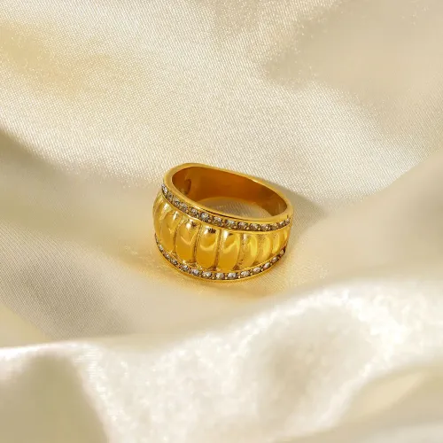 ZTRT412 18K Gold Plated Double Layer Wide Ring for Women with Bread Pattern & Inlaid Zirconium Stainless Steel