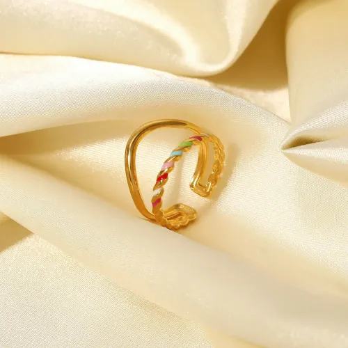 ZTRT359 18K Gold Plated Stainless Steel Enamel Open Ring Colorful Oil Drip Twist Double Layer