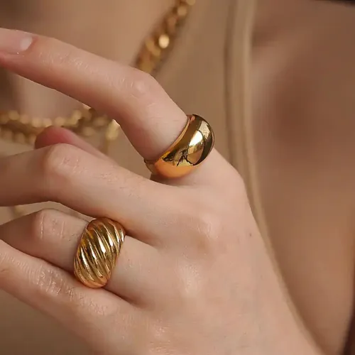 ZTRT220 18K Gold Plated Wide Band Ring Stainless Steel, Chamfered, Textured Ribbed Design