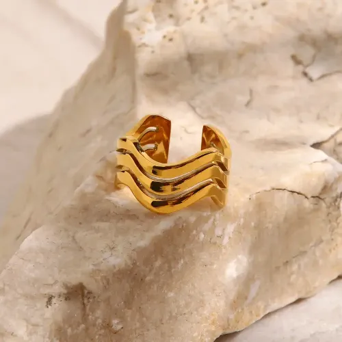 ZTRT391 18K Gold Plated Stainless Steel Triple Layer Open Ring Elegant Women's Hand Accessory