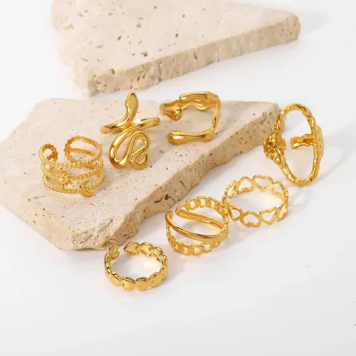ZTRT30 18K Gold Plated Stainless Steel Band Ring Women's Geometric Chain Open Design set