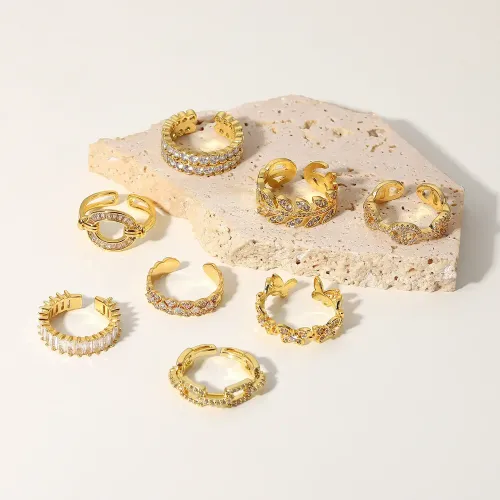 ZTRT29 18K Gold Plated Copper Open Ring Pair with Inlaid Zircon Geometric Design for Women