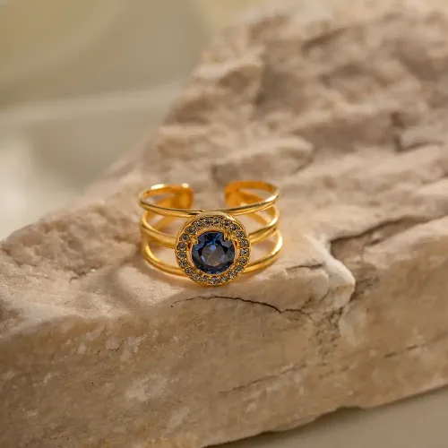 ZTRT283 18K Gold Plated Blue Zircon Open Ring Elegant Adjustable Jewelry