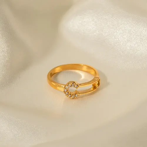 ZTRT380 18K Gold Plated Stainless Steel Paperclip Ring with White Diamond for Women
