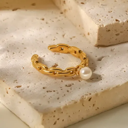 ZTRT275 18K Gold Chain Hoop Pearl Earrings & Geometric Ring Set for Women
