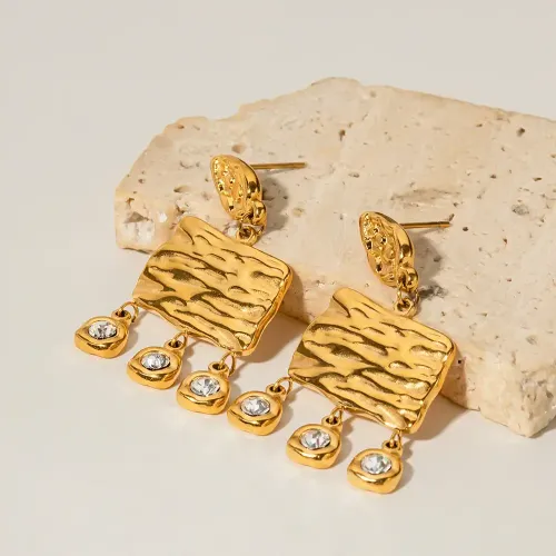 ZTRT278 18K Gold Square Zircon Tassel Earrings & Wood Grain Ring Set Stainless Steel Wholesale