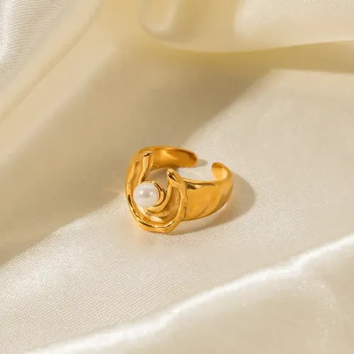 ZTRT182 Elegant 18K Gold Stainless Steel Pearl Open Ring Irregular Design Wholesale