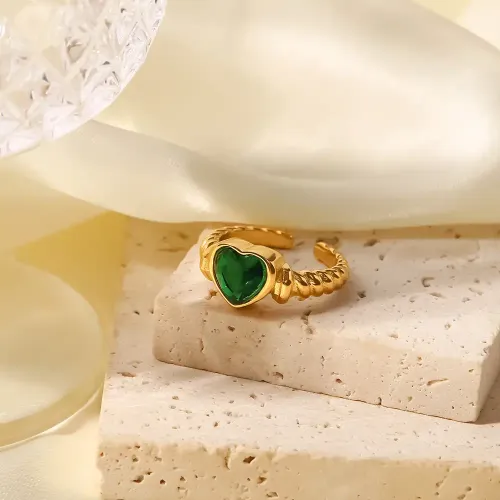 ZTRT346 Green Zircon Love Open Ring 18K Gold Plated Stainless Steel Band