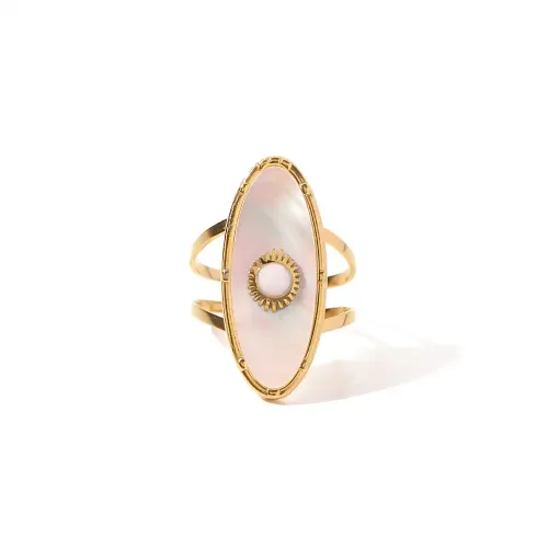 ZTRT270 18K Gold Plated Stainless Steel Mother of Pearl Ring with Oval Inlay and Adjustable Open Band