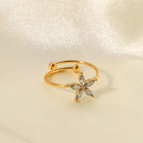 ZTRT163 18K Gold Flower Shaped Open Ring Inlaid with White Rhombus Zircon for Women