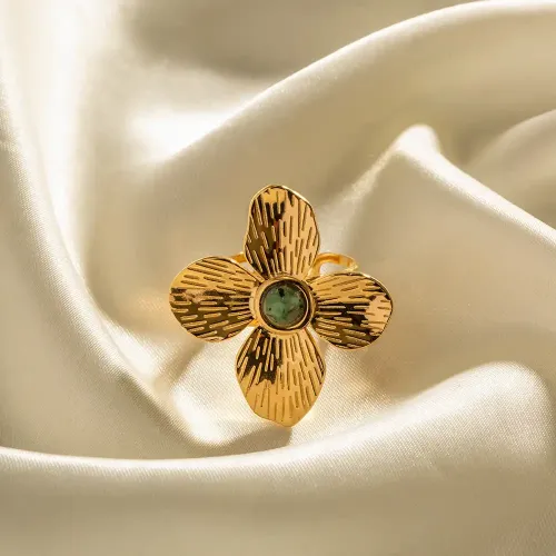 ZTRT219 Matte Four Petal Flower Ring with Inlaid African Turquoise Adjustable Open Design