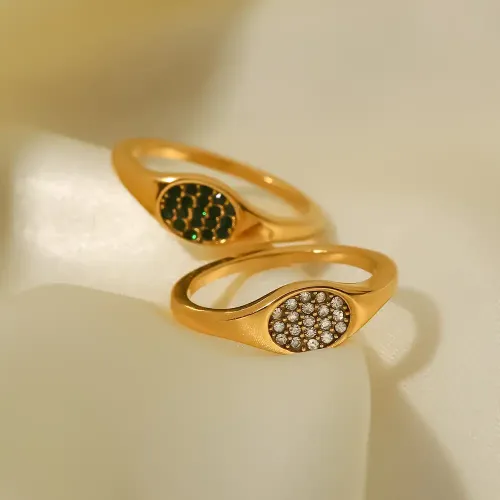 ZTRT394 18K Stainless Steel Oval Pavé White & Green Diamond Ring for Women