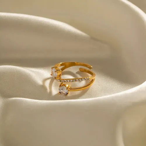 ZTRT281 Wholesale 18K Gold Plated Stainless Steel Open Ring with Dual Zircons