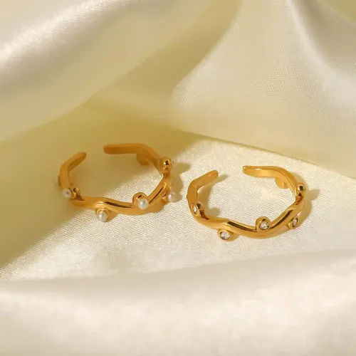 ZTRT38 Women's 18K Gold Plated Irregular Open Ring with Inlaid White Pearl