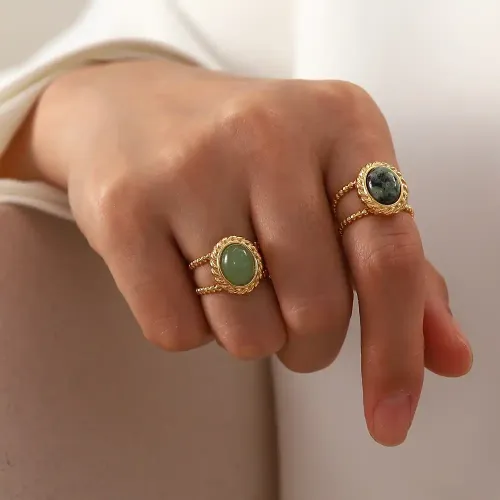 ZTRT242 Vintage Women's Adjustable Open Ring with Natural Stone Boho Chic Jewelry