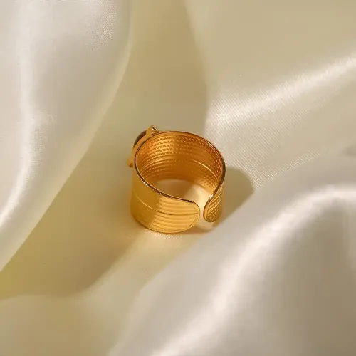 ZTRT49 18K Gold Plated Wide Face Tiger Eye Ring Adjustable Stainless Steel Hip Hop Jewelry for Men & Women