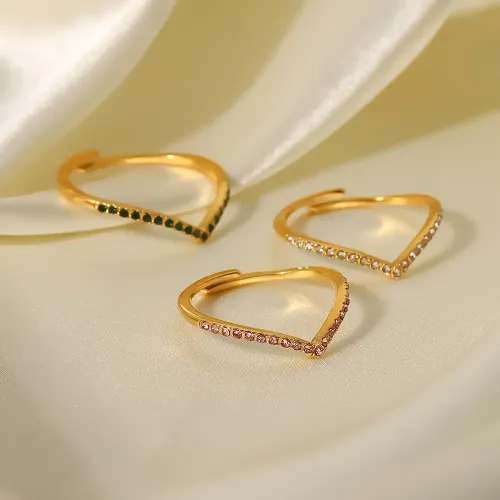 ZTRT135 18K Gold Full Diamond V Shaped Band with Multicolor Zircon Green, Pink & White