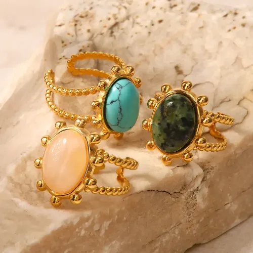 ZTRT222 18K Gold Plated Open Ring with Inlaid Natural Turquoise Stainless Steel