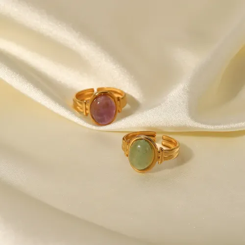 ZTRT261 18K Gold Plated Stainless Steel Waterproof Oval Green & Purple Semi Precious Stone Open Ring for Women