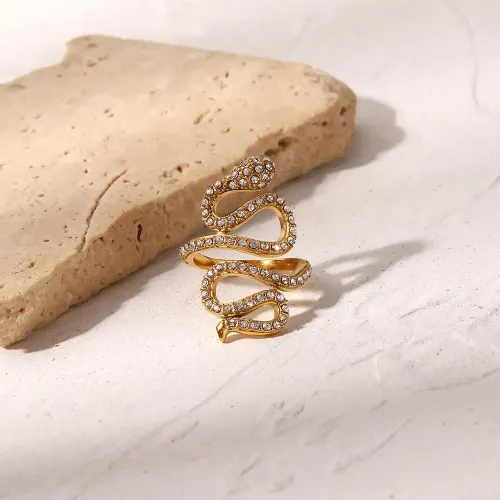 ZTRT343 Diamond Encrusted Curved Snake Ring 18K Gold Plated Serpentine Jewelry