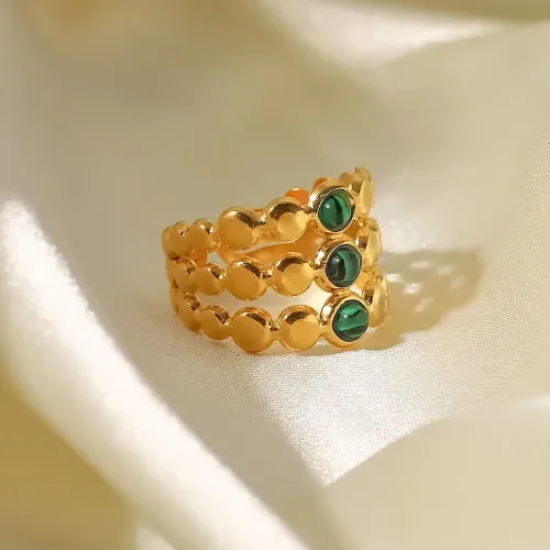 ZTRT225 18K Gold Inlaid Green Malachite Open Ring Stainless Steel Women's Jewelry